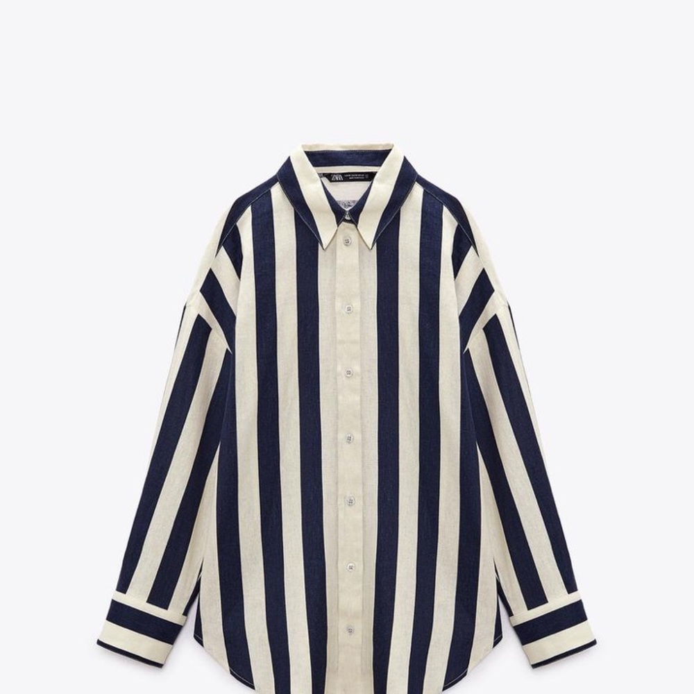 Zara LINEN Striped Button-Up Shirt - Navy and Cream